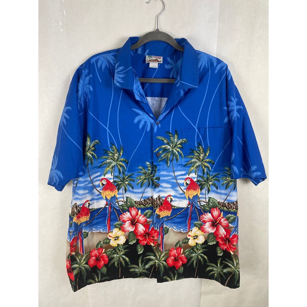 Evergreen Island Genuine Hawaiian Parrots and Flowers Blue Button Up Shirt